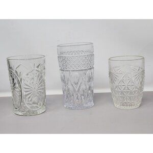 3 Missmatched Vintage‎ Cut Glass Tumblers With Intricate Patterns Clear Pressed
